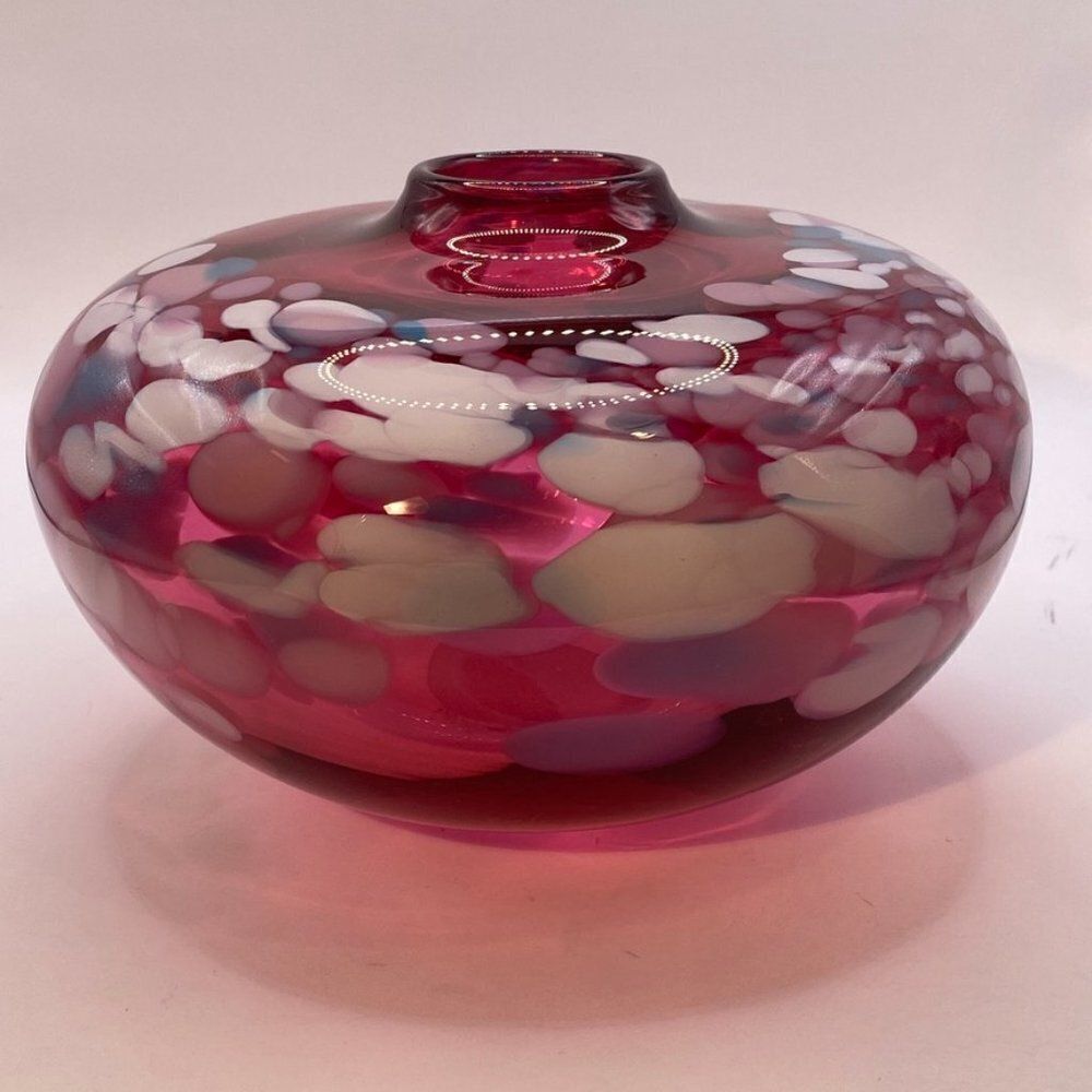 Vintage Douglas Becker Signed Cranberry Art Glass Vase Coin Dot Pattern